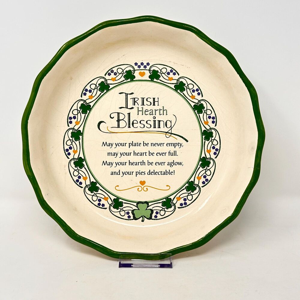 Vtg Ceramic Irish Hearth Blessing Pie Plate Fluted Green Shamrock Baking Dish